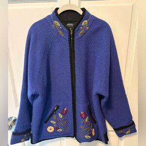 Icelandic design purple embroidered zip boiled wool jacket coat women xl x-large